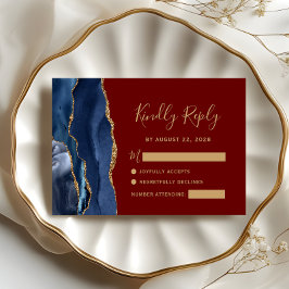 Tarjeta De Confirmación De Asistencia Boda moderna azul marino oro ágata burgundy