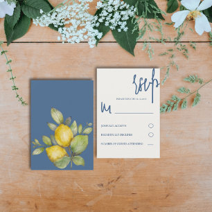 Tarjeta De Confirmación De Asistencia Boda moderna con acuarela de limón azul y amarillo