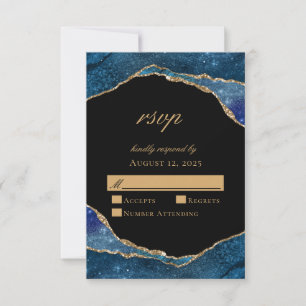 Tarjeta De Confirmación De Asistencia Boda Moderna de Ágata con Hojas de Oro Azul
