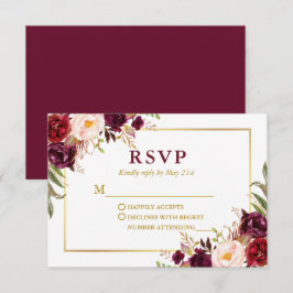 Tarjeta De Confirmación De Asistencia Boda Moderna Elegante Burgundy Floral Gold