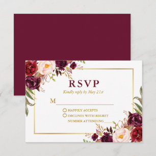 Tarjeta De Confirmación De Asistencia Boda Moderna Elegante Burgundy Floral Gold