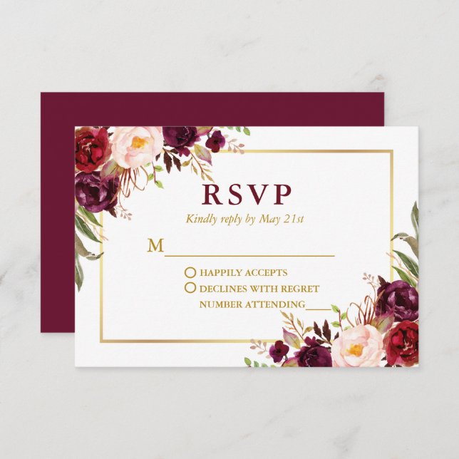 Tarjeta De Confirmación De Asistencia Boda Moderna Elegante Burgundy Floral Gold (Anverso / Reverso)