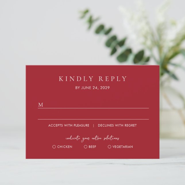 Tarjeta De Confirmación De Asistencia Boda moderna elegante rubí rojo (Anverso de pie)