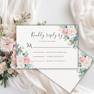 Tarjeta De Confirmación De Asistencia Boda moderna floral rosa y azul