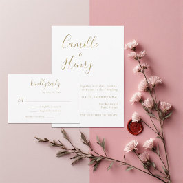 Tarjeta De Confirmación De Asistencia Boda Moderna Minimalista de Oro y Blanco