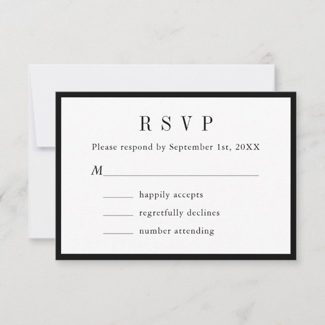 Tarjeta De Confirmación De Asistencia Boda Moderna Simple Monograma Blanco y Negro (Anverso)