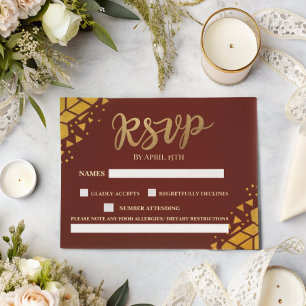Tarjeta De Confirmación De Asistencia Boda moderna y elegante con brillo dorado y burgun