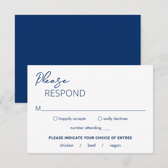 Tarjeta De Confirmación De Asistencia Boda moderno azul de la Marina Mínima (Anverso / Reverso)