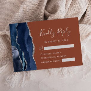 Tarjeta De Confirmación De Asistencia Boda Moderno Azul Marino Plata Ágata Naranja Quema