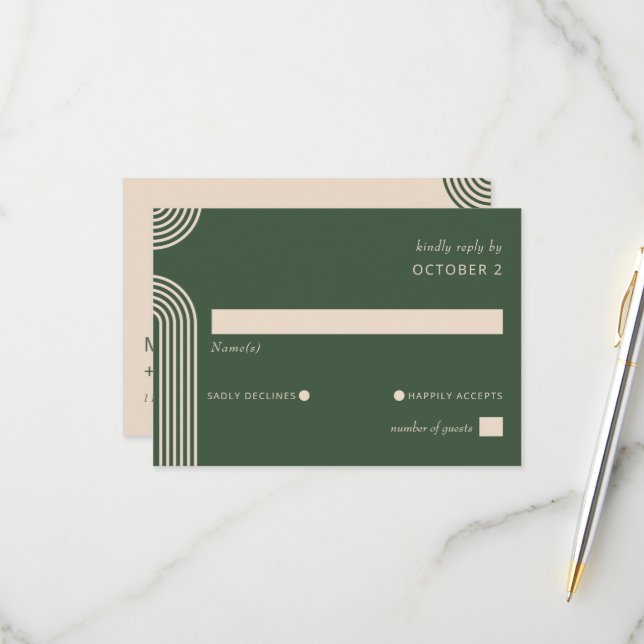 Tarjeta De Confirmación De Asistencia Boda moderno con arcos verdes neutros rusos (Anverso/Reverso In Situ)