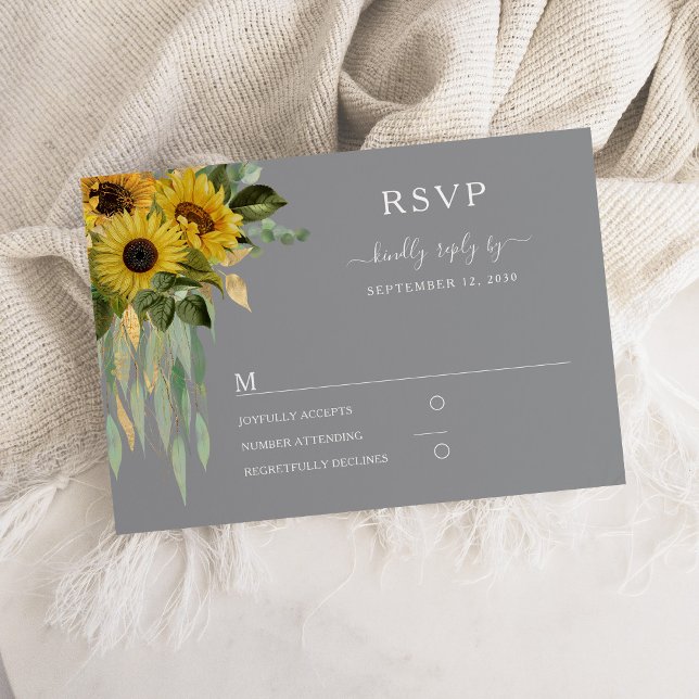 Tarjeta De Confirmación De Asistencia Boda moderno de girasol gris (Modern Gray Sunflower Wedding RSVP Card)