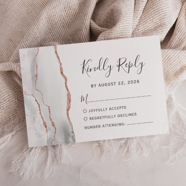 Tarjeta De Confirmación De Asistencia Boda moderno de Gris White Rose Gold Agate (Subido por el creador)