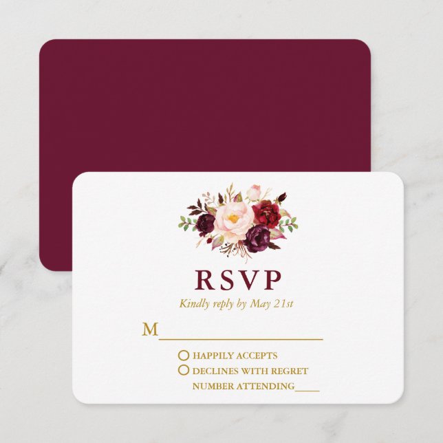 Tarjeta De Confirmación De Asistencia Boda Moderno Elegante Burgundy Floral Gold (Anverso / Reverso)
