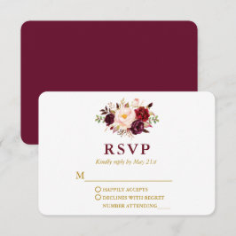 Tarjeta De Confirmación De Asistencia Boda Moderno Elegante Burgundy Floral Gold