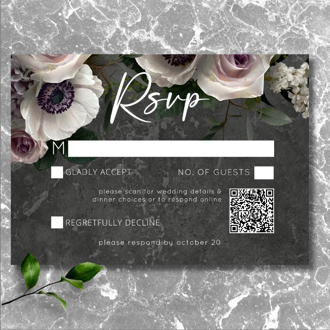 Tarjeta De Confirmación De Asistencia Boda moderno floral elegante de carbón vegetal QR (Charcoal Gray Elegant Floral Modern Wedding QR RSVP Card)