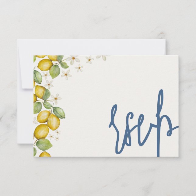 Tarjeta De Confirmación De Asistencia Boda moderno Lemons azul y amarillo (Anverso)