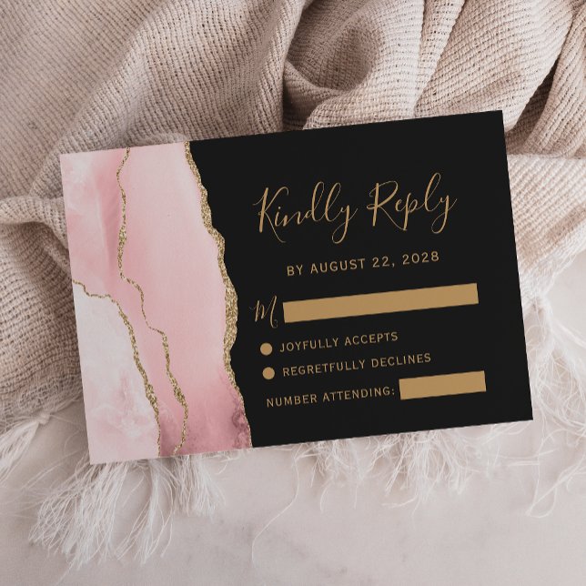 Tarjeta De Confirmación De Asistencia Boda moderno Rubor Gold Agate Dark (Subido por el creador)