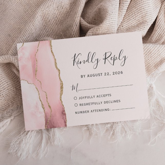 Tarjeta De Confirmación De Asistencia Boda moderno Rubor Pink Gold Agate (Subido por el creador)