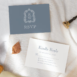 Tarjeta De Confirmación De Asistencia Boda Monograma Cresta Azul Polvoriento