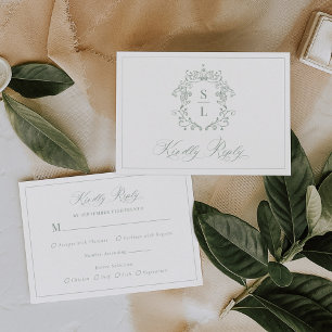 Tarjeta De Confirmación De Asistencia Boda Monograma Cresta Barroca Elegante Verde Salvi