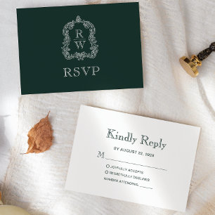 Tarjeta De Confirmación De Asistencia Boda Monograma Cresta Verde Bosque