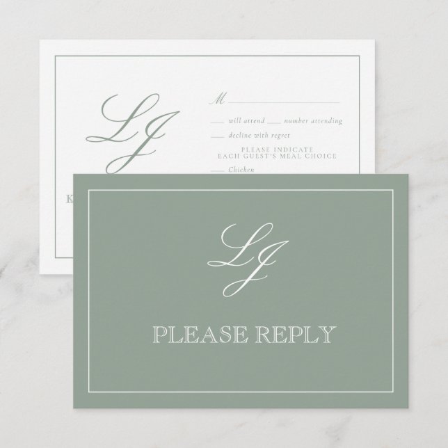 Tarjeta De Confirmación De Asistencia Boda Monograma de caligrafía verde sabio clásico (Anverso / Reverso)