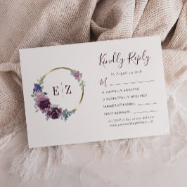 Tarjeta De Confirmación De Asistencia Boda Monograma Morado Floral Wreath Gold Hoop