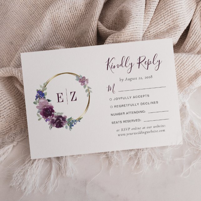 Tarjeta De Confirmación De Asistencia Boda Monograma Morado Floral Wreath Gold Hoop (Subido por el creador)