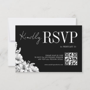 Tarjeta De Confirmación De Asistencia Boda Monograma QR Rústico Blanco Negro Floral
