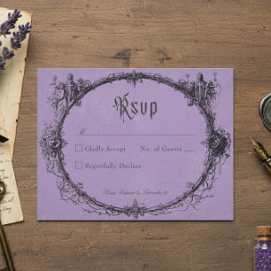 Tarjeta De Confirmación De Asistencia Boda Morada Vintage Gótica de Cuadro de Toile Negr