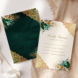 Tarjeta De Confirmación De Asistencia Boda Musulmana Crema de Encaje Dorado Floral Esmer