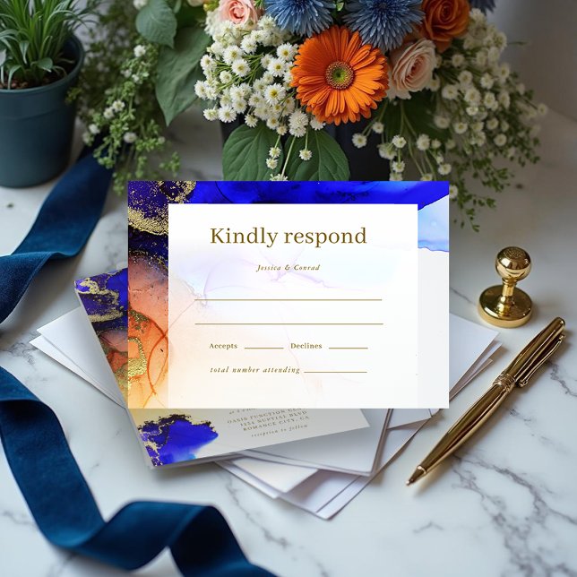 Tarjeta De Confirmación De Asistencia Boda Naranja de oro azul moderno (Modern Blue Gold Orange Wedding RSVP Card.)