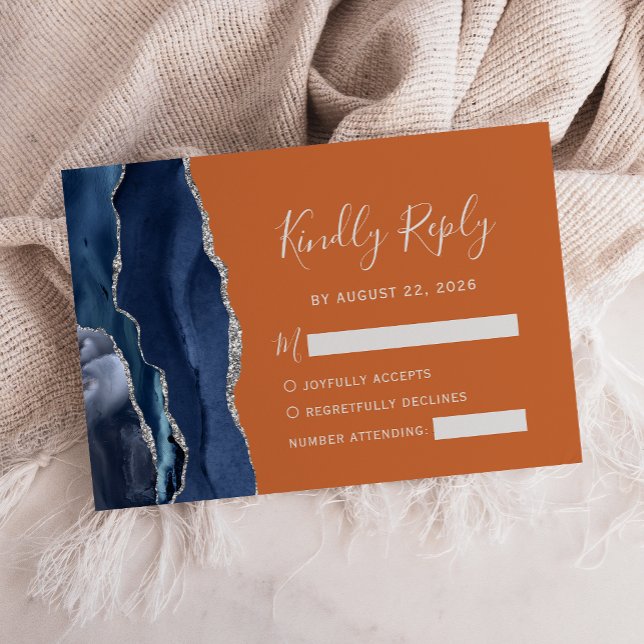 Tarjeta De Confirmación De Asistencia Boda Naranja Plata Agata Azul Marino Moderno (Subido por el creador)