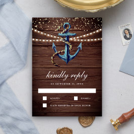 Tarjeta De Confirmación De Asistencia Boda náutica ancla de madera rústica azul marino