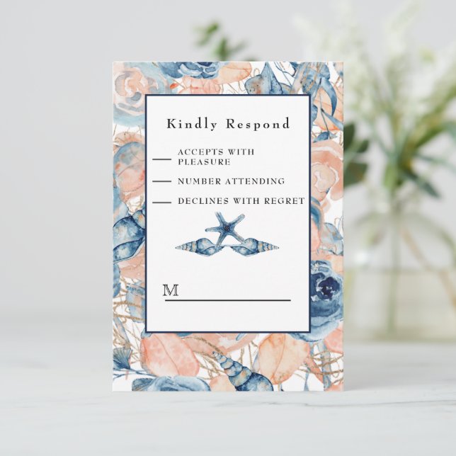Tarjeta De Confirmación De Asistencia Boda Náutica, concha y Rosas de playa, (Anverso de pie)