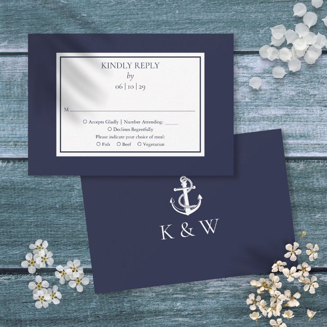 Tarjeta De Confirmación De Asistencia Boda náutica de ancla de monograma azul marino (Navy Blue Monogram Anchor Nautical Wedding RSVP Card)