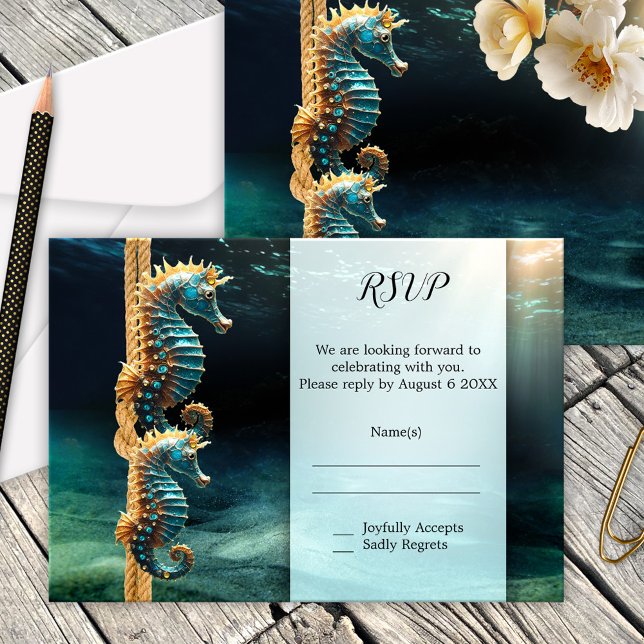 Tarjeta De Confirmación De Asistencia Boda nautical Seahorse (Nautical wedding RSVP or enclosure card with two seahorses in a magical underwater world)
