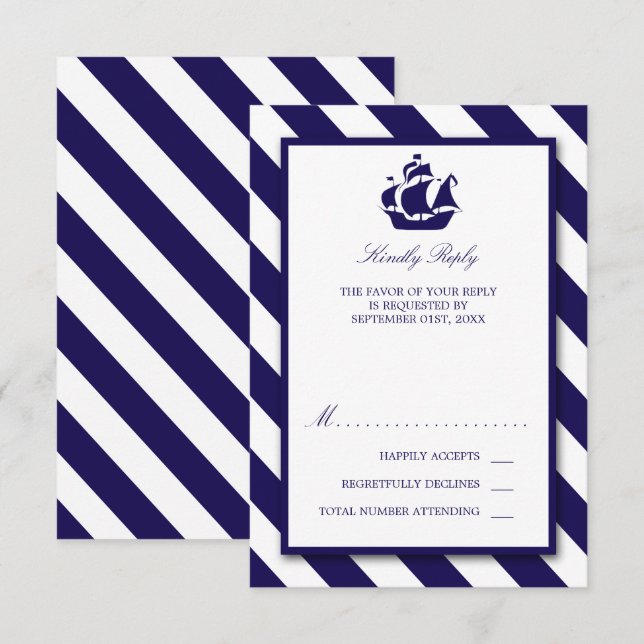 Tarjeta De Confirmación De Asistencia Boda Nautical Stripes & Navy Blue Ship (Anverso / Reverso)