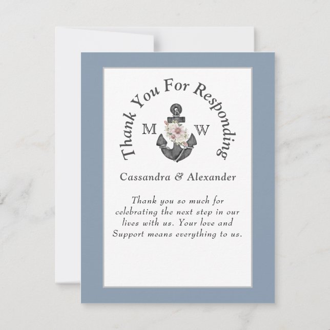 Tarjeta De Confirmación De Asistencia Boda náutico Floral Anchor Naval Azul Blanco (Reverso)