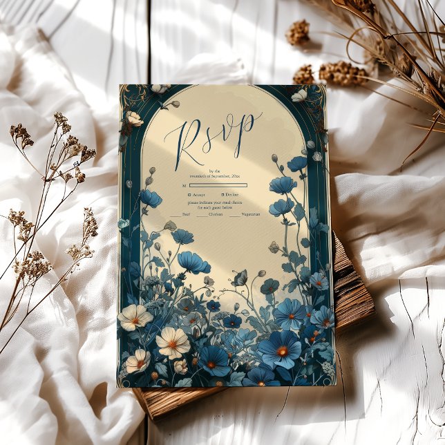 Tarjeta De Confirmación De Asistencia Boda Navy Blue Art Nouveau (Subido por el creador)