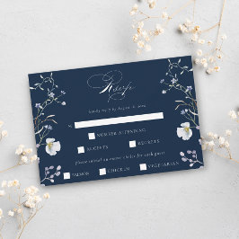 Tarjeta De Confirmación De Asistencia Boda Navy Blue Elegant Winter Wildflowers
