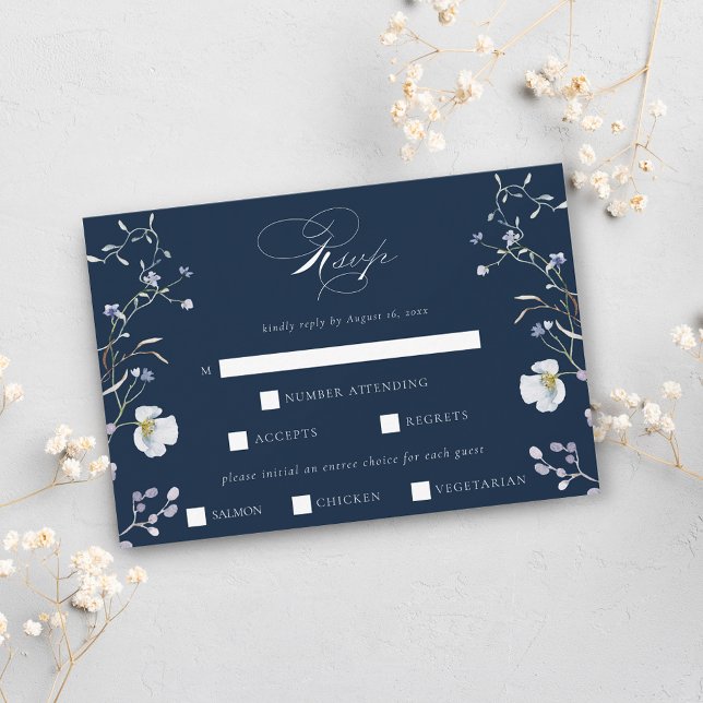 Tarjeta De Confirmación De Asistencia Boda Navy Blue Elegant Winter Wildflowers (Subido por el creador)