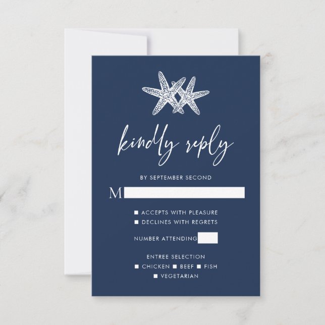 Tarjeta De Confirmación De Asistencia Boda Navy Blue Modern Beach Starfish (Anverso)