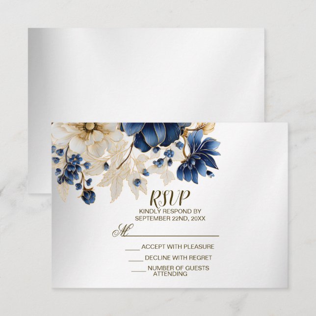 Tarjeta De Confirmación De Asistencia Boda Navy Blue White Golden Floral Silver (Anverso / Reverso)