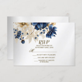 Tarjeta De Confirmación De Asistencia Boda Navy Blue White Golden Floral Silver