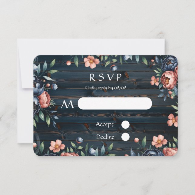 Tarjeta De Confirmación De Asistencia Boda Navy Blue y Copper Peony Bouquet Wood (Anverso)