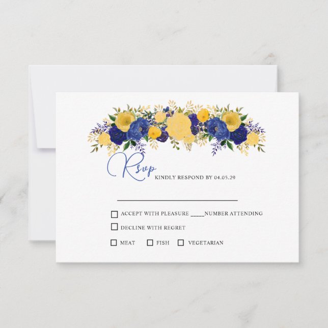 Tarjeta De Confirmación De Asistencia Boda Navy & Yellowish Gold Floral Bouquet (Anverso)