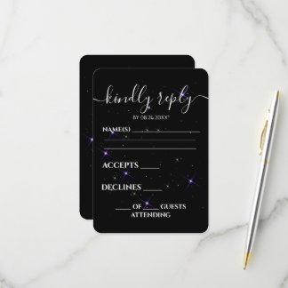 Tarjeta De Confirmación De Asistencia Boda Negra Estrellas Moradas Personalizadas