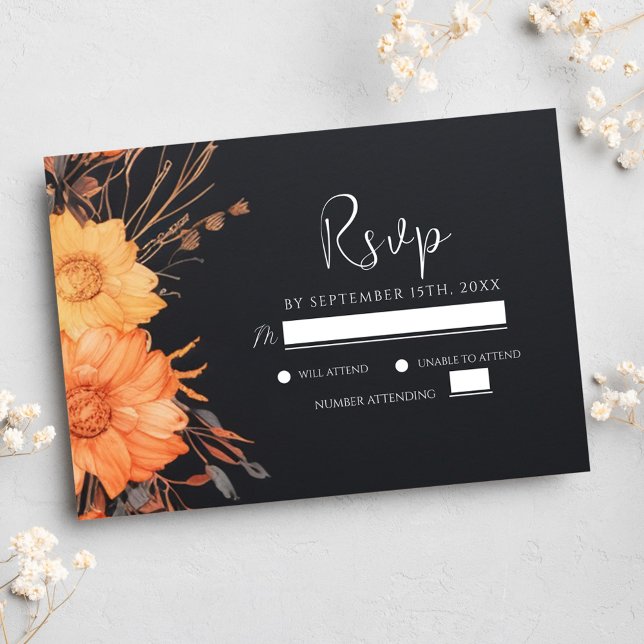 Tarjeta De Confirmación De Asistencia Boda negro de caída floral moderna (Modern Floral Fall Black Wedding RSVP Card)