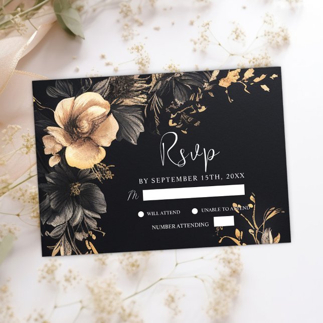 Tarjeta De Confirmación De Asistencia Boda negro gótico floral Moody oscuro (Black Gothic Floral Moody Dark Wedding RSVP Card)